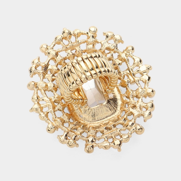 Gold Clear Crystal Stretch Rectangle Glass Big Large Statement Ring Pearl Finger - Picture 2 of 2